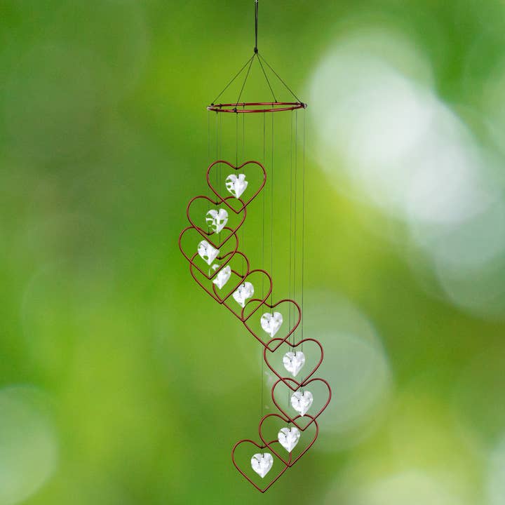 GeoCentral - Wholesale Wind Chime - Red Crystal Heart Spiral Suncatcher Wind Chime - 36"3