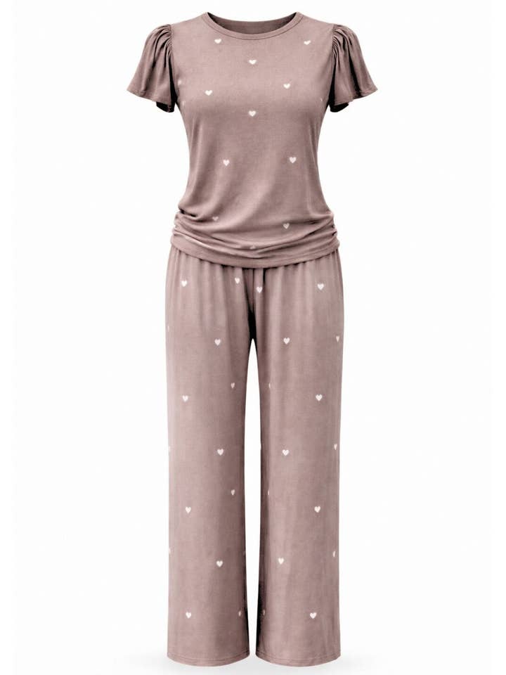 Conjunto de Pijama Heartfull – Conjunto Sedoso de Pijama Estampado Mochacinno por atacado de PRIV Collections