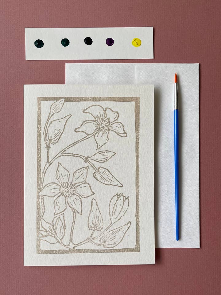 Kit d'aquarelle pour cartes et enveloppes en forme de clématite, 5 x 7, à faire soi-même pour la vente par Ashes & Arbor