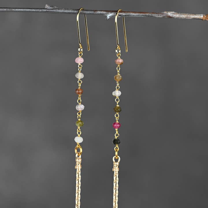 Sleek Semi Precious Long 6 Tourmaline Tassel Earrings for wholesale by KBD Studio
