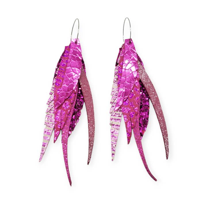 Interchangeable Hot Pink Leather Feather Earrings for wholesale by White Shed Creations