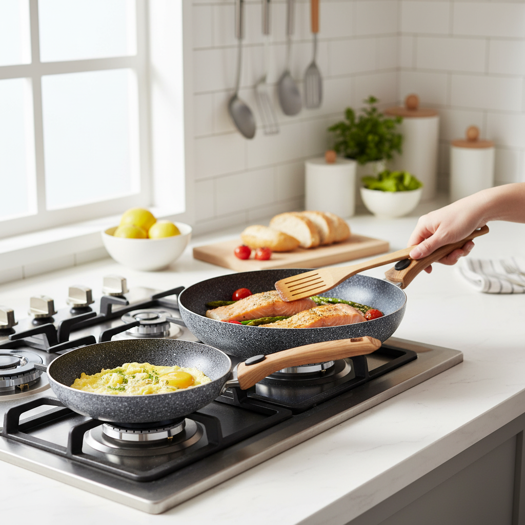 Kadra Kitchenware - Wholesale Pan - MITBAK Non-Stick Granite Frying Pans Set with Wooden Handle1