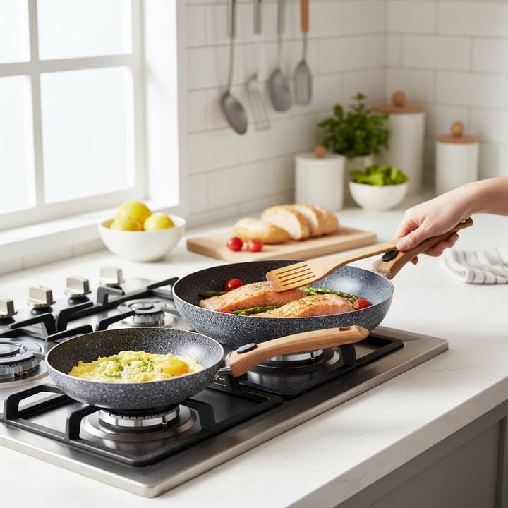 Kadra Kitchenware – Großhandel Pfanne – Kadra Kitchenware MITBAK antihaftbeschichtetes Granit-Pfannenset mit Holzgriff1