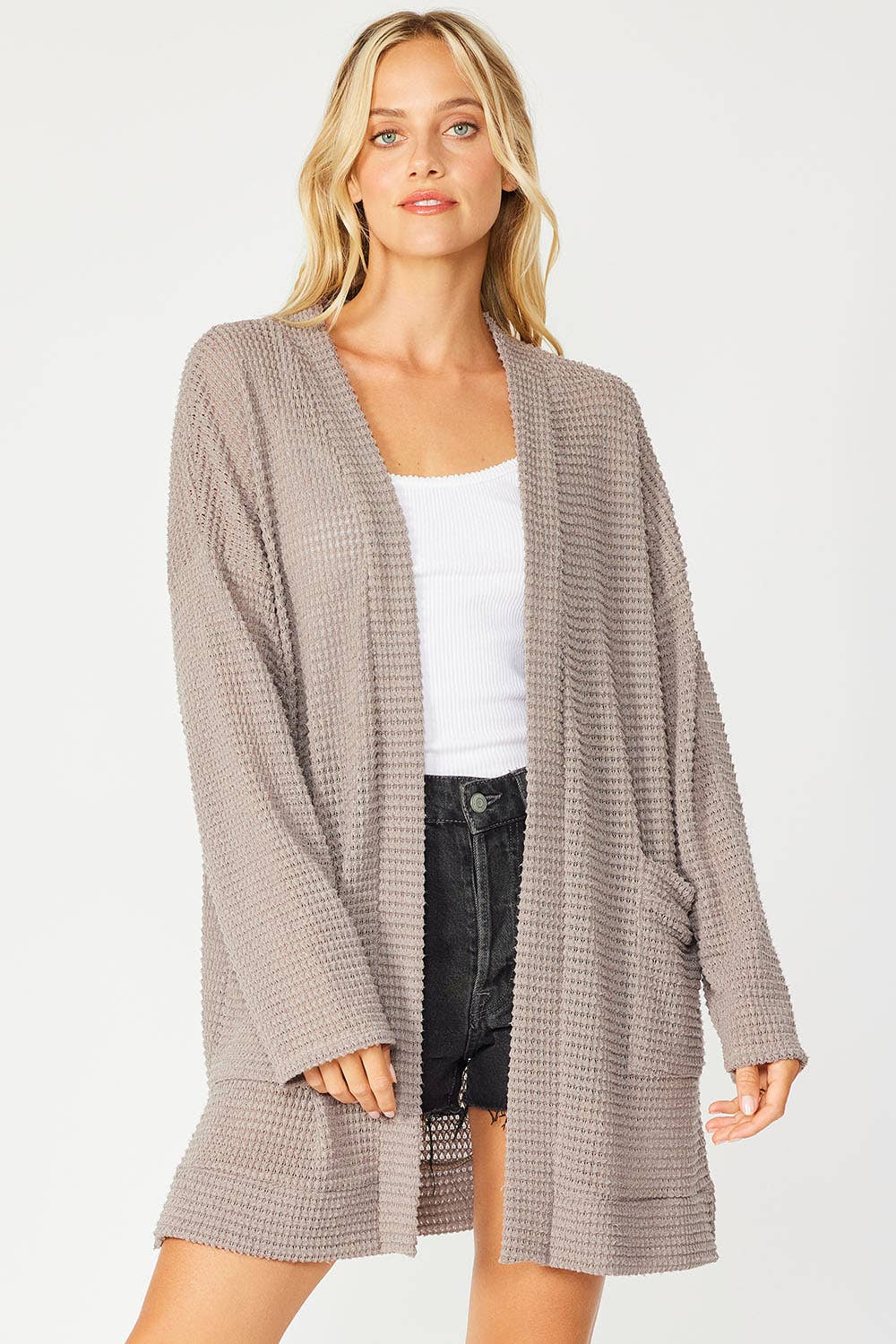 FSL Apparel - Wholesale Cardigan - Women's - SJ1005 - WAFFLE KNIT OPEN FRONT CARDIGAN WITH POCKETS23