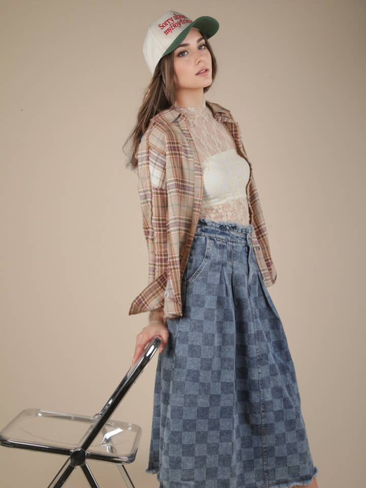 VS50944-Saia Midi em Denim Xadrez Lavada por atacado de VERY J