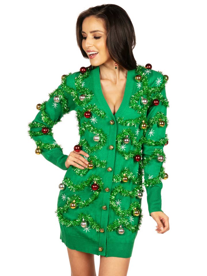 Tipsy Elves - Wholesale Dress - Women's - Gaudy Garland Cardigan Dress - Women's Christmas Outfit