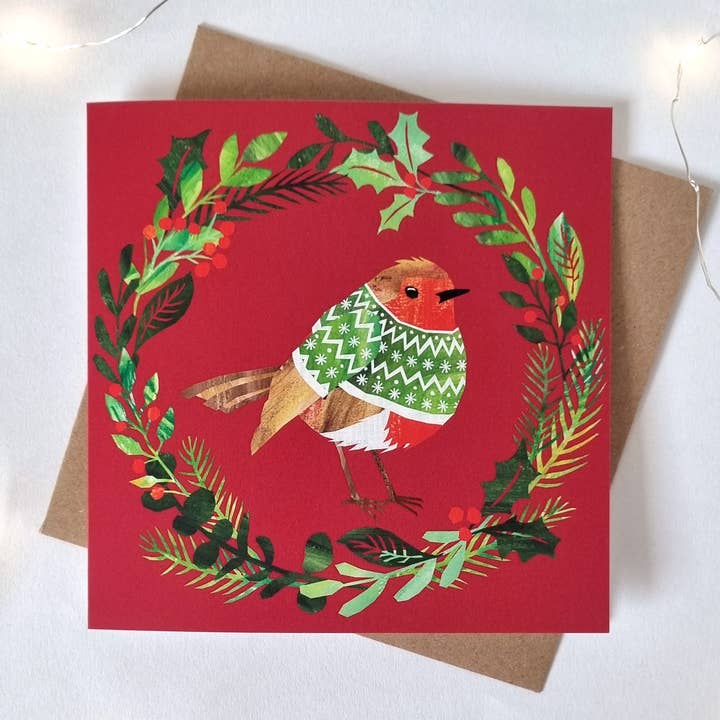 Robin in Jumper Christmas Card for wholesale by Iona Shepherd Designs
