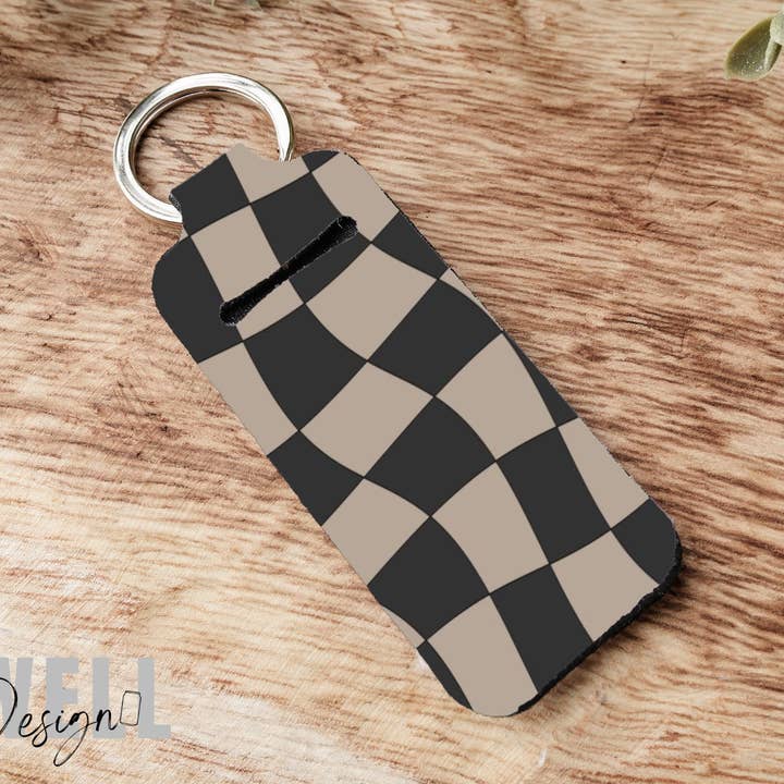 Neutral Checkered Chapstick Holder Keychain for wholesale by BidwellbyDesign