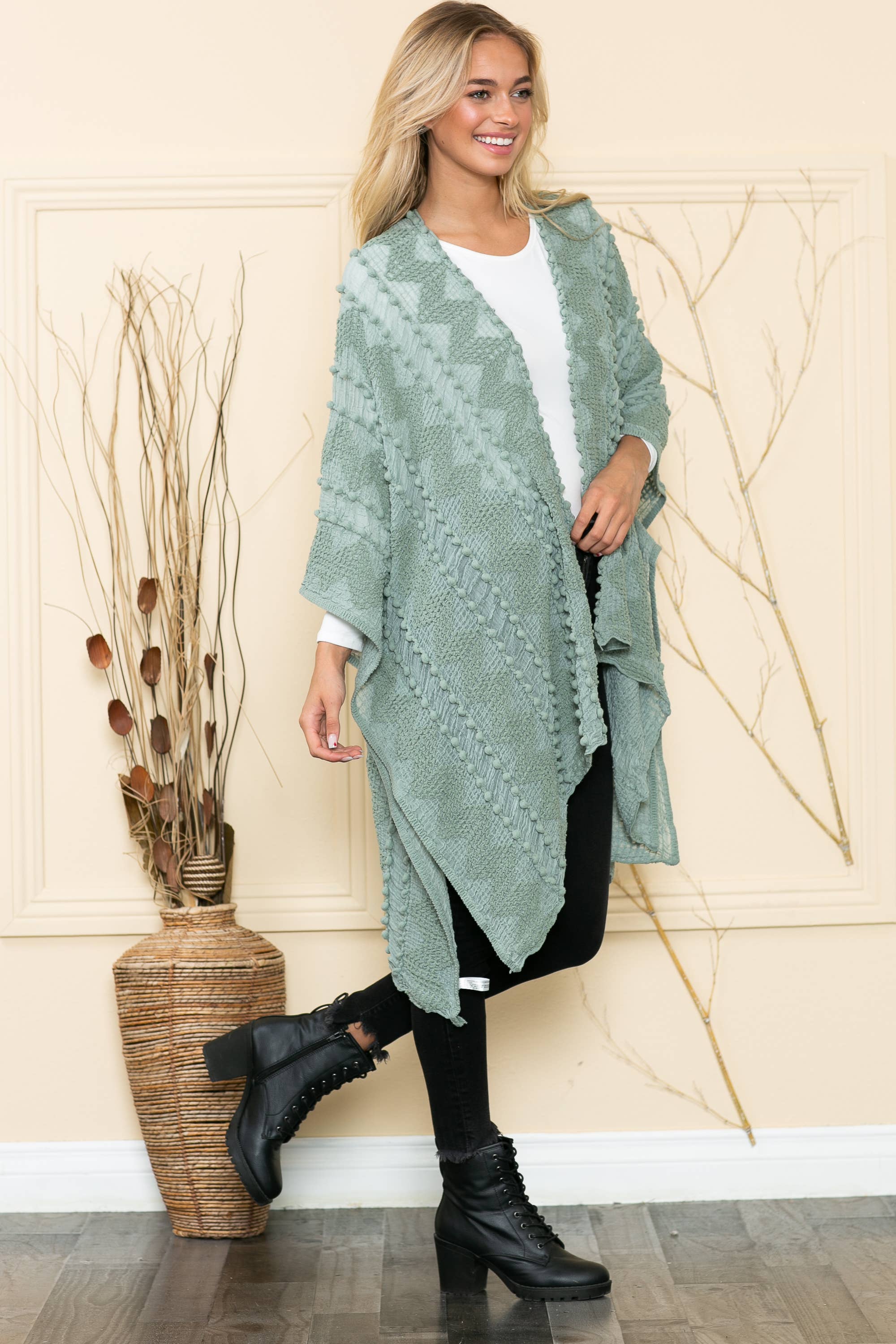 Justin & Taylor - Wholesale Kimono - Women's - Puffer-Up | Soft Textured Cover-Up Kimono With Pom Detail38