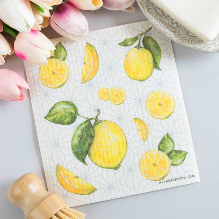 Torchon Citron Motif Agrumes Citrons Torchon Suédois pour la vente par Alla Dickson Art