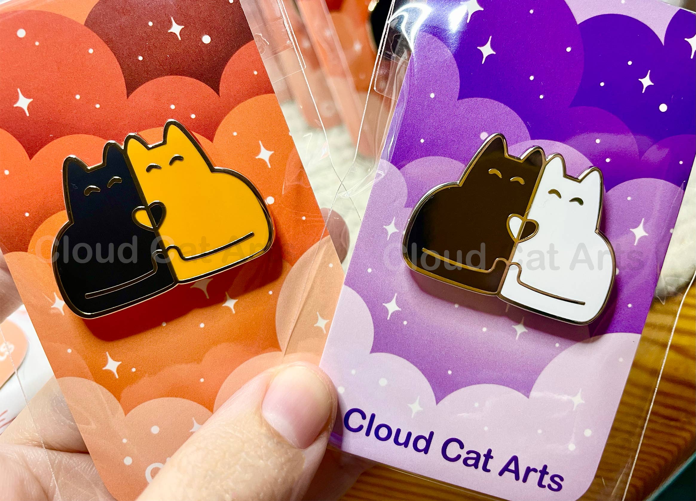 Cloud Cat Arts - Wholesale Lapel Pin/Button - Kitty Cuddle (Black Cat / White Cat ) - Hard Enamel Pin2