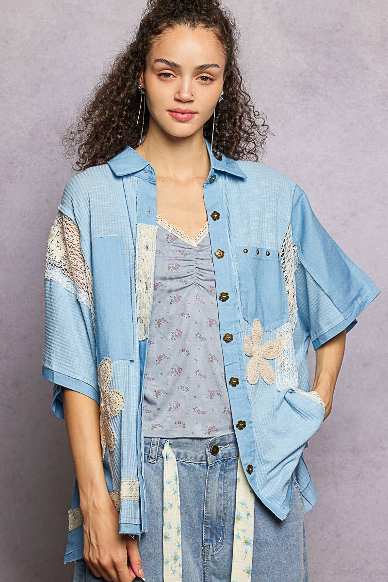 Pol Clothing - Wholesale Button Down Shirt - Women's - Collared Studded Button-down Short Sleeve Knit Shirt Top19