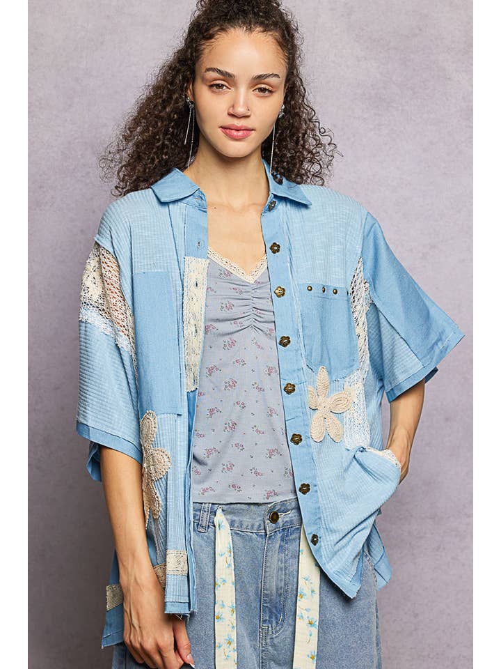 Pol Clothing - Wholesale Button Down Shirt - Women's - Collared Studded Button-down Short Sleeve Knit Shirt Top19