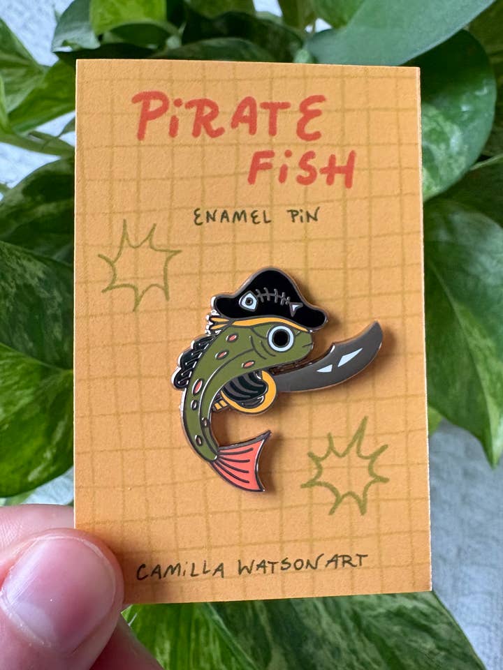 Pirate Fish Enamel Pin for wholesale by Camilla Watson Art