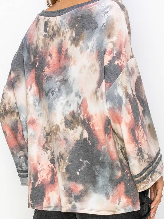 GREY 10592LP405 - PLUS SIZE TIE DYE BELL SLEEVE BOAT NECK TOP for wholesale on Faire11