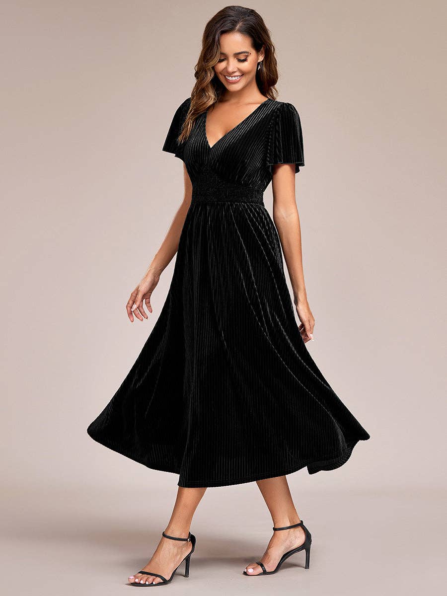 Ever-Pretty – wholesale Dress – Women's – V-Neck Tea Length Velvet Wedding Guest Dress36