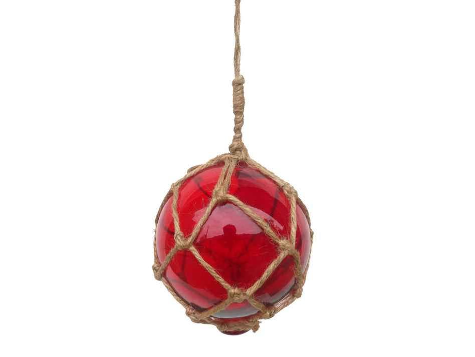 Hampton Nautical - Vente Décorations de table - Flotteur de pêche de boule de verre japonais rouge avec décoration de filet marron 4"3