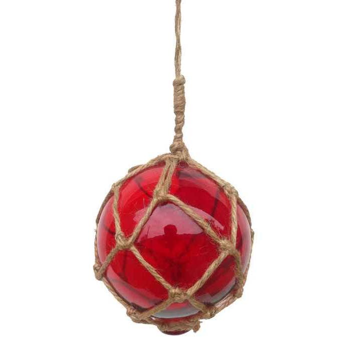 Hampton Nautical – wholesale Decorative tabletop object – Red Japanese Glass Ball Fishing Float With Brown Netting Decoration 4"3