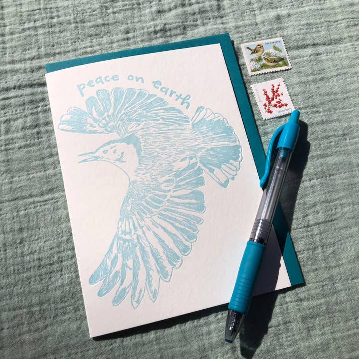 Macon York Press - Wholesale Season's Greetings Card - Holiday Letterpress Greeting Card: "Peace on Earth" Nuthatch1