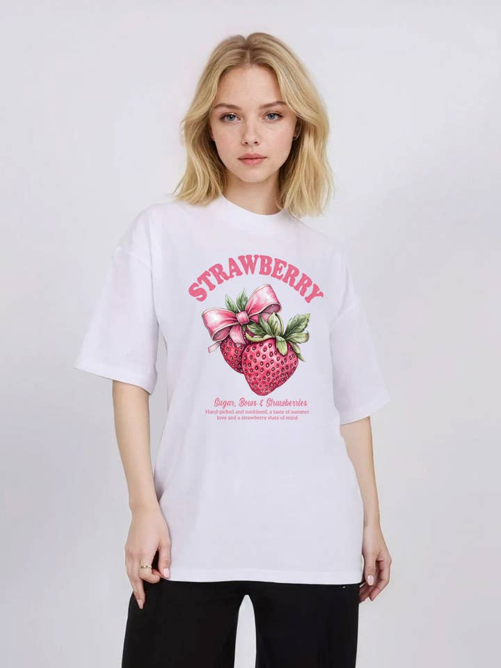 Women 150GSM Oversized T-Shirt In Strawberries Bow Print for wholesale by Missi Clothing
