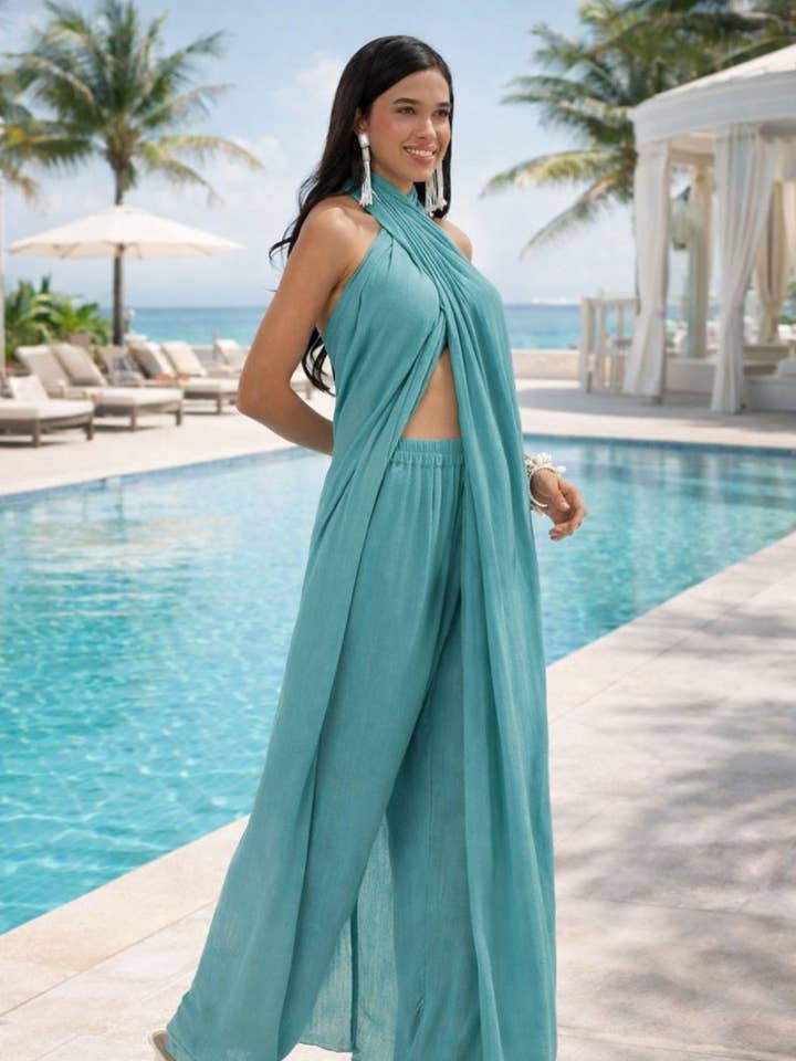 Jasmine Fließendes Criss-Cross Halter-Top und Hosen-Set für den Großhandel von Vanity Couture