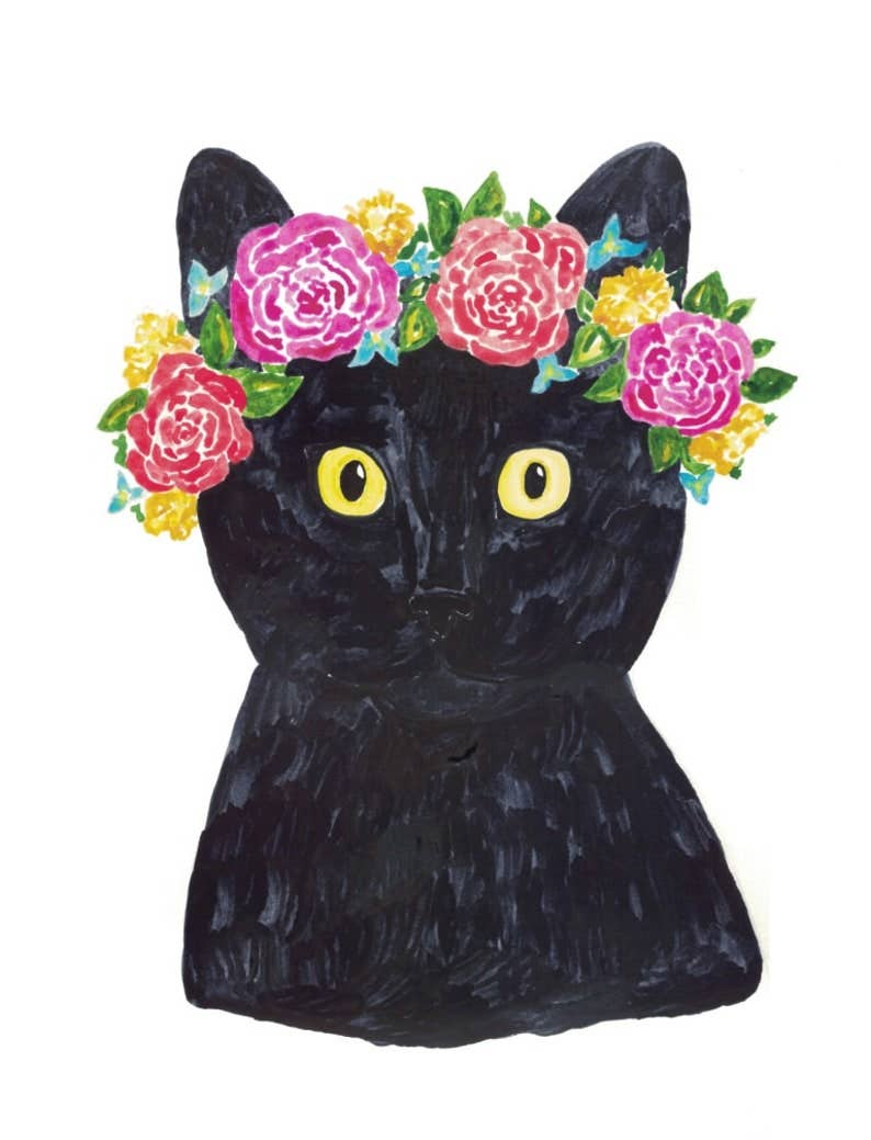 Goodfairyart – Impressão artística por atacado – Gato Preto Com Grinalda De Flores Espreitando Pintura Aquarela2