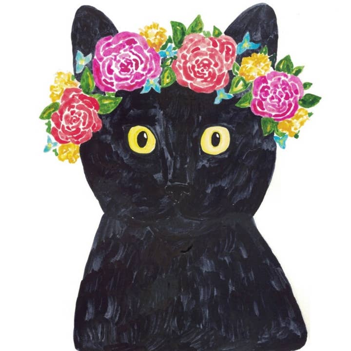 Goodfairyart – Impressão artística por atacado – Gato Preto Com Grinalda De Flores Espreitando Pintura Aquarela2
