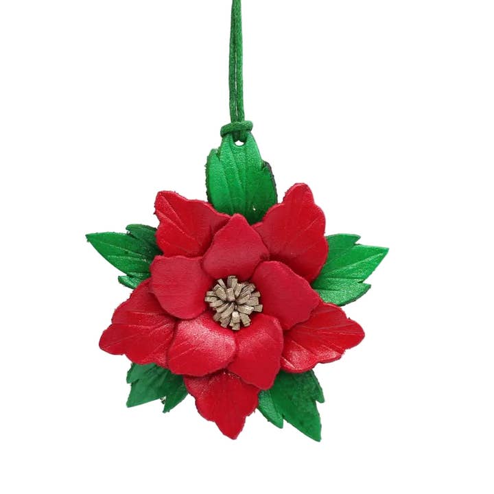 leather flower Poinsettia ornaments purse charm for wholesale by Sunflower Handmade leather inc