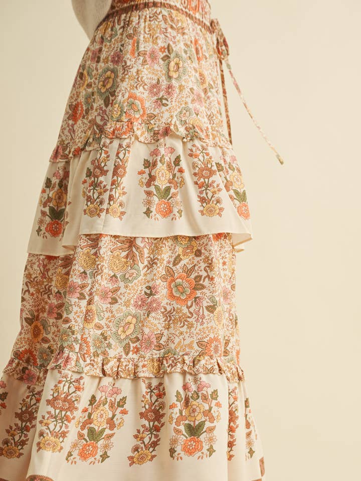 &MERCI - Wholesale Skirt - Women's - RUFFLE TIERED BORDER PRINT MIDI SKIRT MSK41666