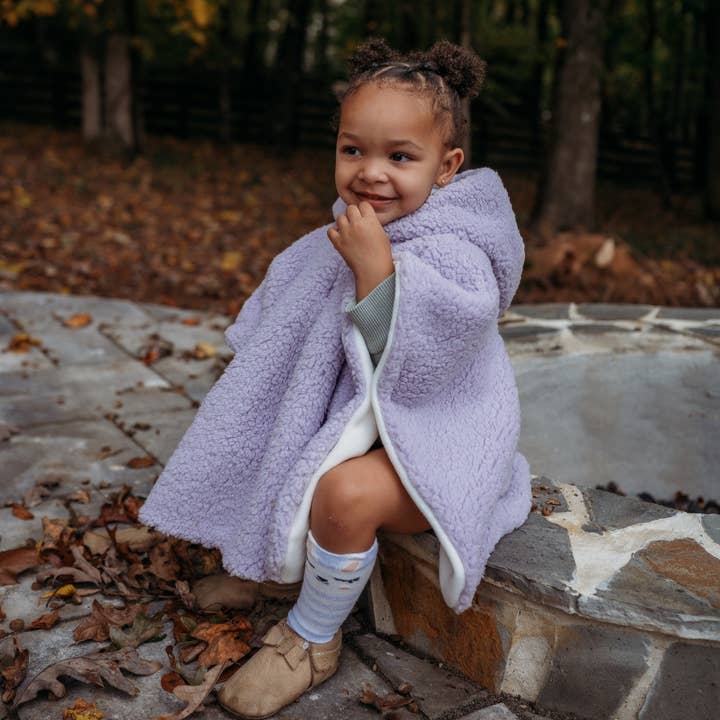 Sherpa Fleece Car Seat Poncho, Lavender Sherpa & Ivory for wholesale by Otto & Odette LLC