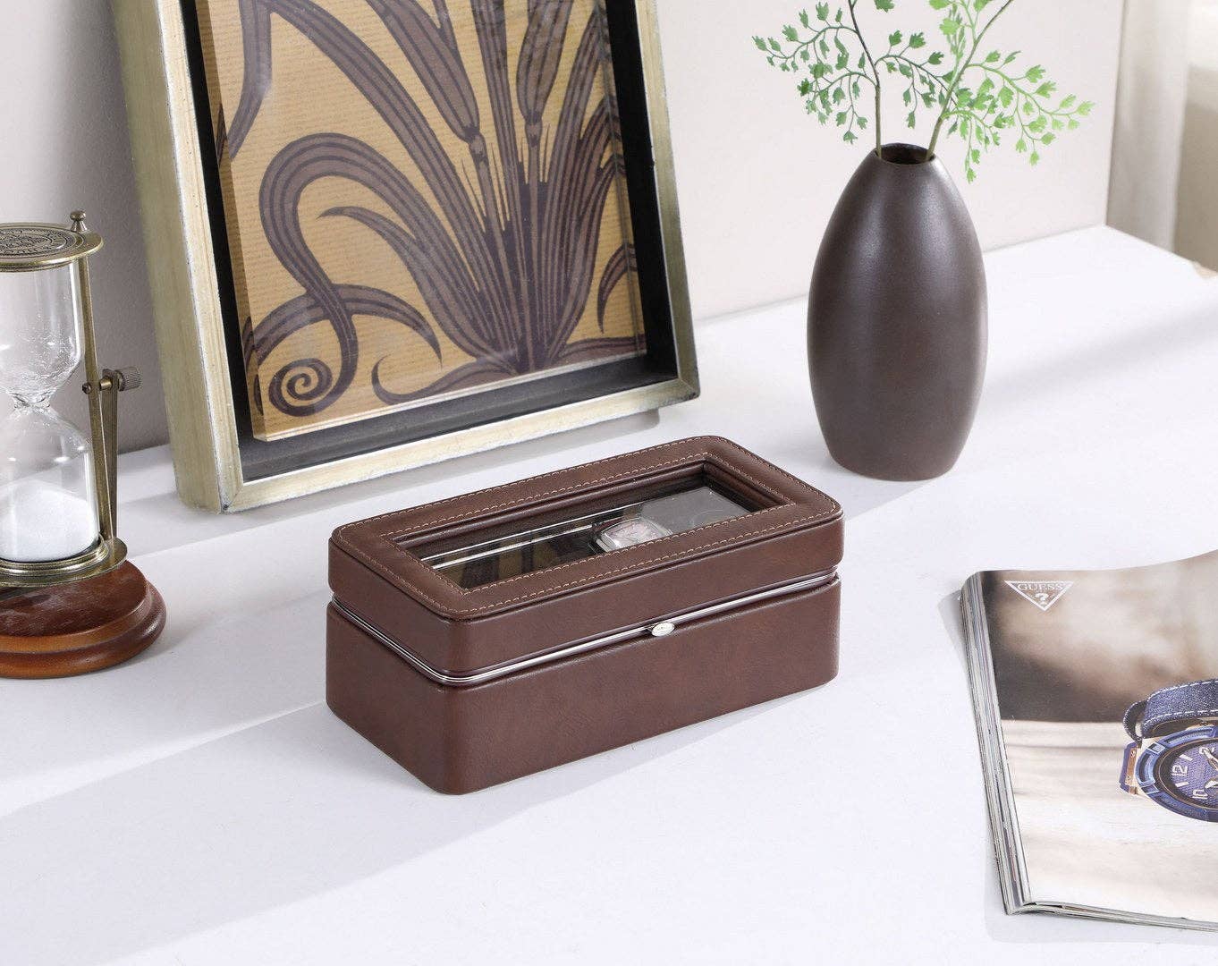 39F Inc. - Wholesale Jewelry Box/Organizer - 8in Brown Leather 4-Slot Watch Case with Glass Lid0