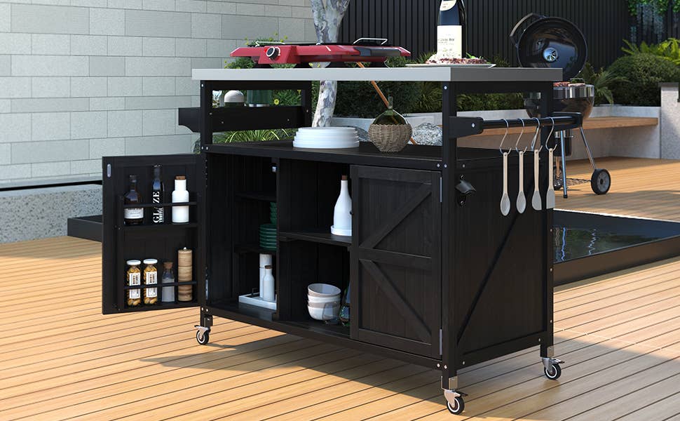 39F Inc. - Wholesale Outdoor Ornament/Decor - Outdoor Kitchen Island,Farmhouse Solid Wood Rolling Cart30