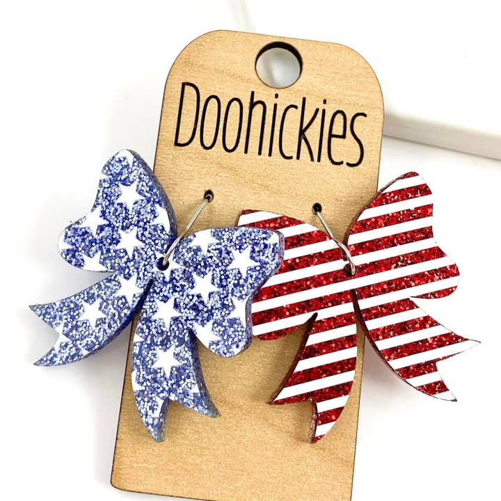 Doohickies - Wholesale Dangle Earrings - 1.5" Glitter Stars & Stripes Bow Acrylics - Patriotic Earrings