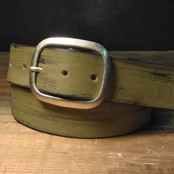 Regan Flegan - Wholesale Belt - Women's - Olive Green Distressed Leather Snap Belt with Antique Silver or Brass Buckle
