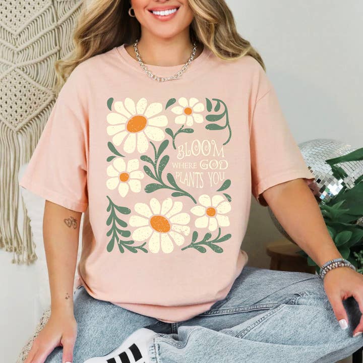 Scripted Pearl - Wholesale Screen Printed T-Shirt - Women's - Bloom Where God Plants You Comfort Colors Christian T Shirt14