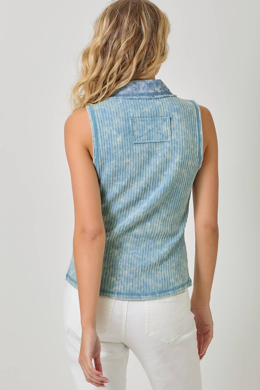 Mystree - Vente Chemise à col boutonné – femme - Haut sans manches à boutons en maille côtelée lavée 6094346