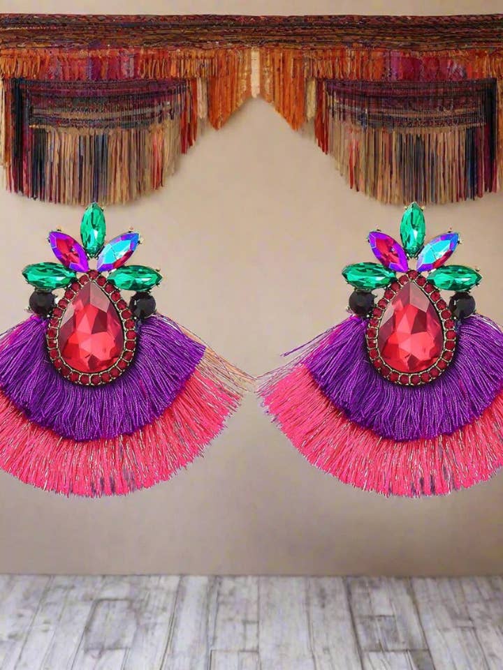 Farverige Rhinestone Alloy Flower Tassel Øreringe til kvinder for engroshandel hos RabenBeads