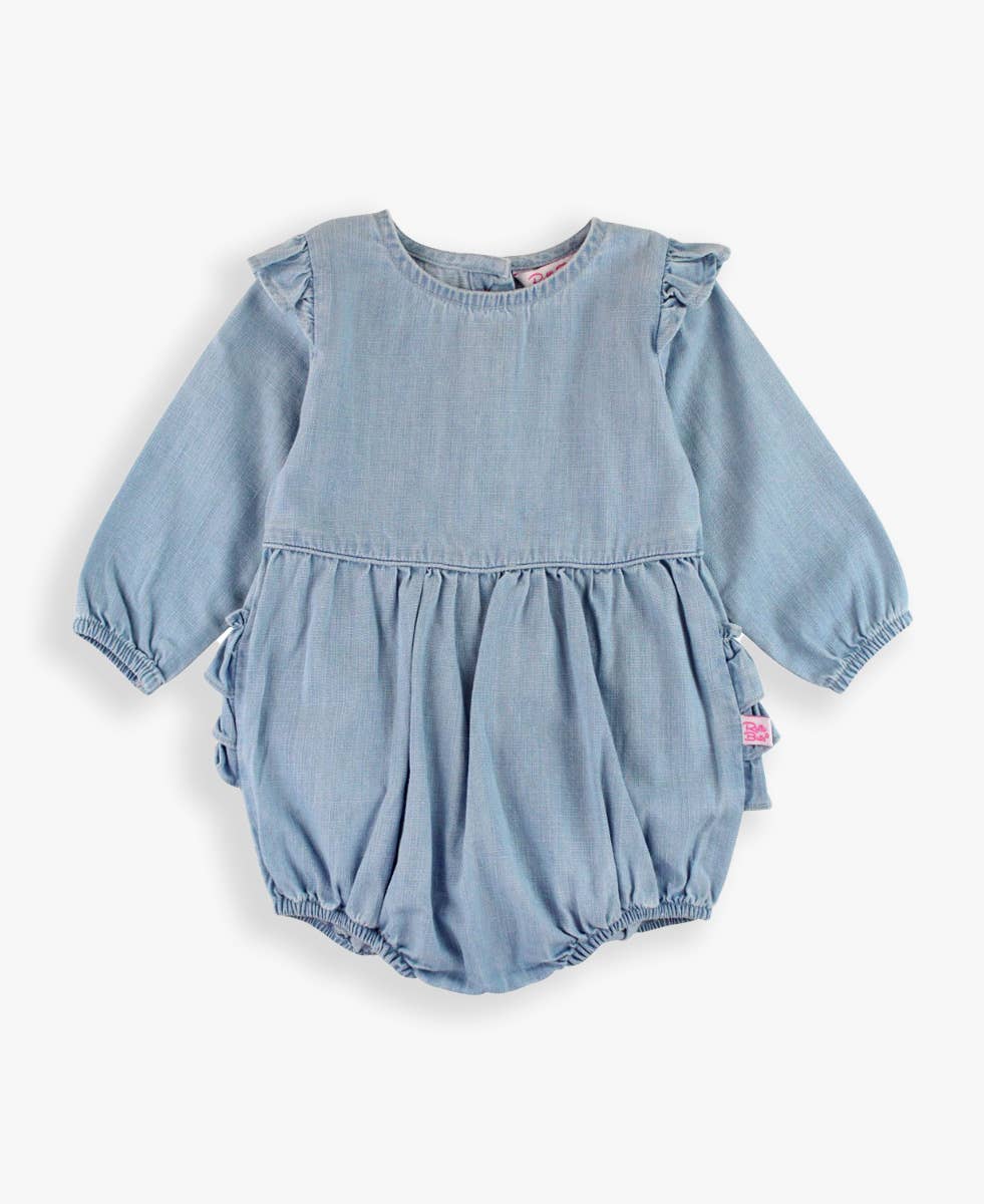 Blue Baby Girls Light Wash Denim Long Sleeve Flutter Bubble Romper for wholesale on Faire9