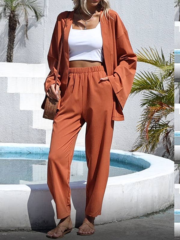 Ladies Solid Color Long Sleeves Pants 2PCS Set XF2789 for wholesale by Sweetkama