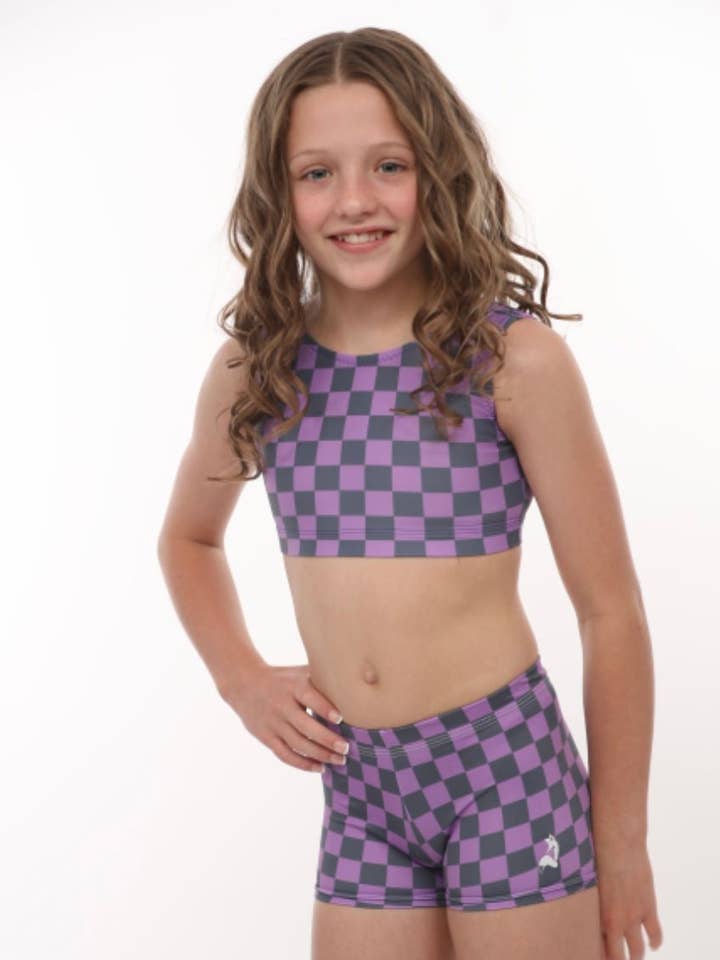 CHECKER: Purple Checkers 2-Piece Yoga/Dance Set for wholesale by Foxy's Leotards
