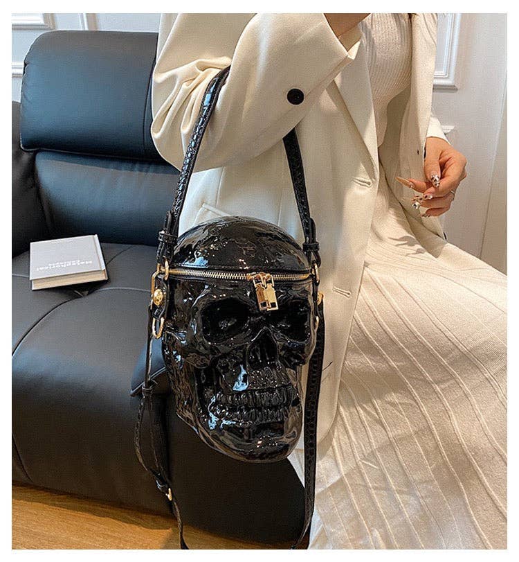 MB Fashion Wholesale - Wholesale Crossbody Bag - Women's - EVERY FASHION 3D Skull Crossbody Bag with Glossy Finish and Dual Zipper Closure3
