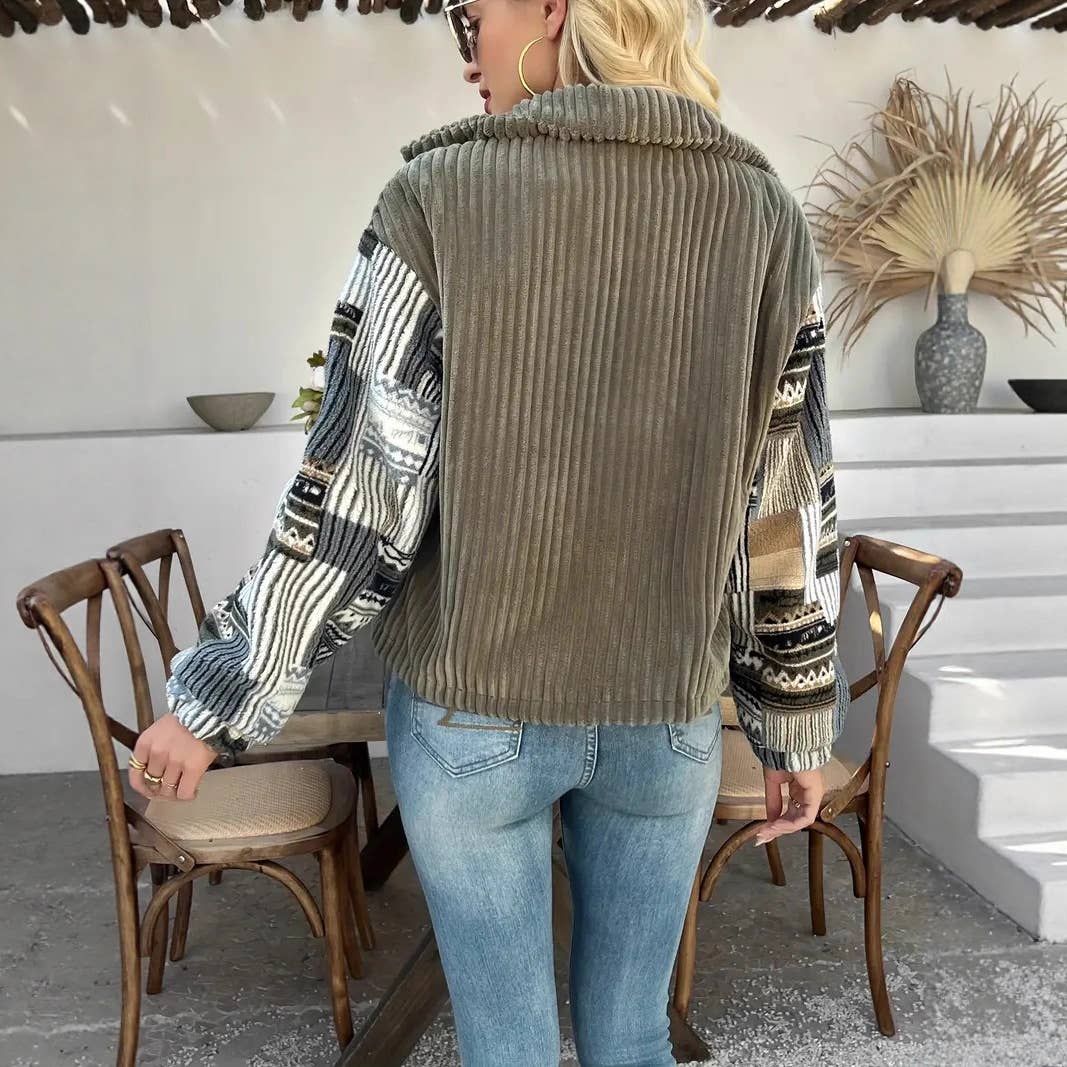 Olive Western Aztec patchwork fleece button-up jacket for wholesale on Faire7