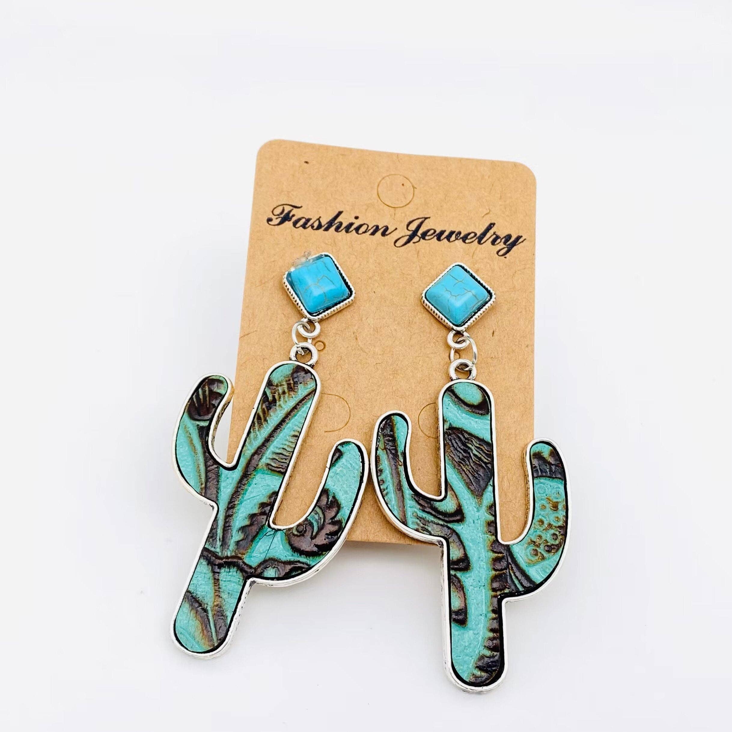 Mio Queena - Wholesale Dangle Earrings - Cactus Embossed Cowhide Turquoise Western Style Earrings -WJ0