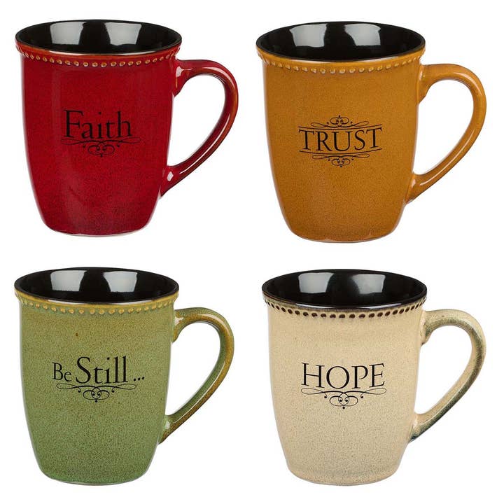 Christian Art Gifts - Wholesale Coffee Mug - Mug Set 4pc Faith, Trust, Hope, Be Still