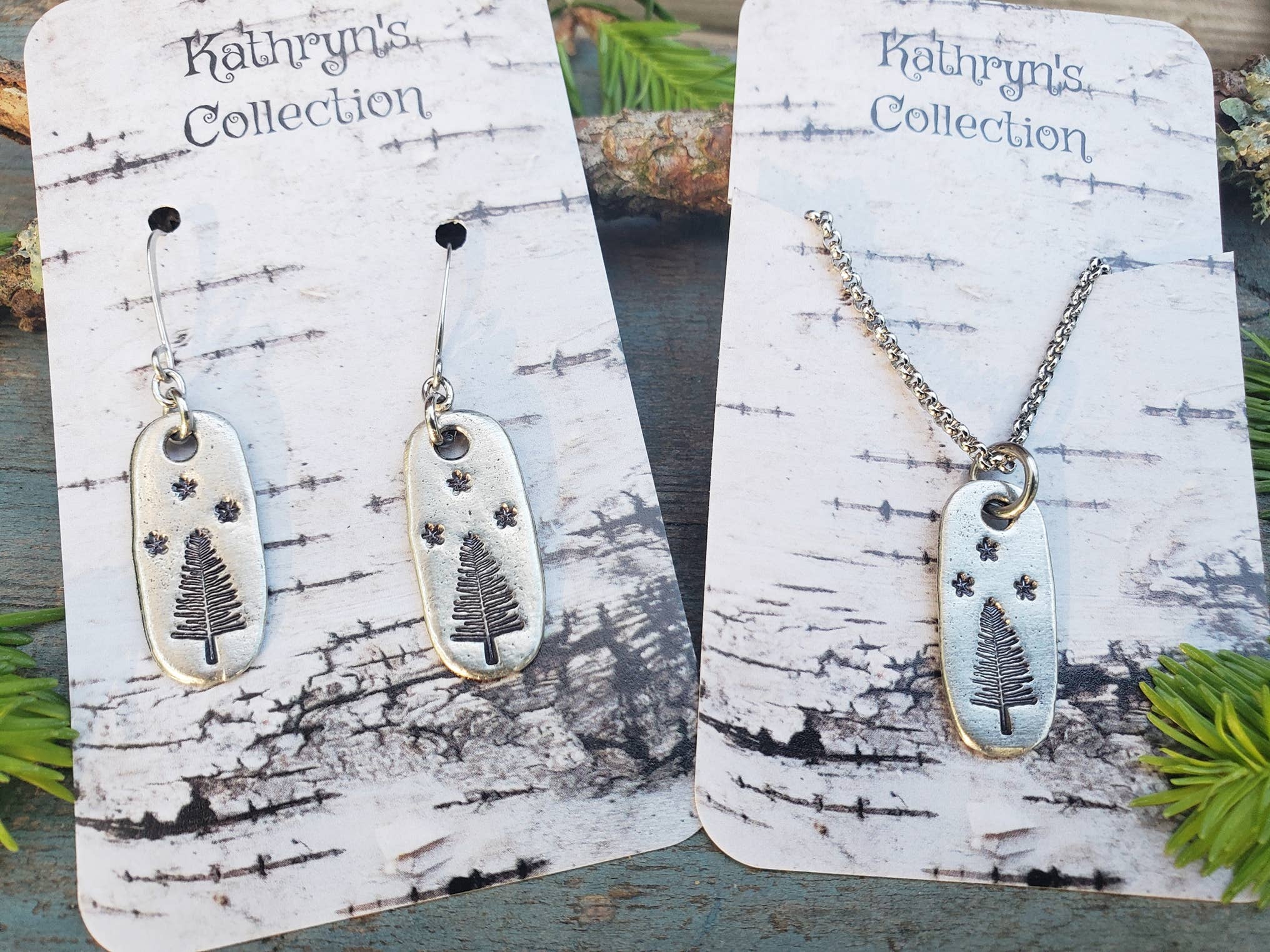 Kathryn's Collection - Wholesale Dangle Earrings - Pine Tree Earrings, Hand-Stamped2