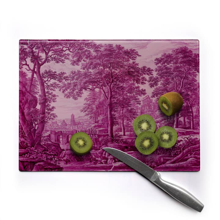 'Recoloured' glass chopping boards (rhubarb) for wholesale by Reimagined by Anna Stark