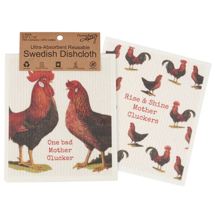 Primitives by Kathy - Wholesale Tea Towel - Rise & Shine Mother Cluckers Swedish Dishcloth Set