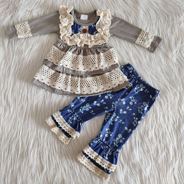 Pantalons floraux bleu marine pour bébés filles, ensembles de vêtements en dentelle pour la vente par Aier Wholesale