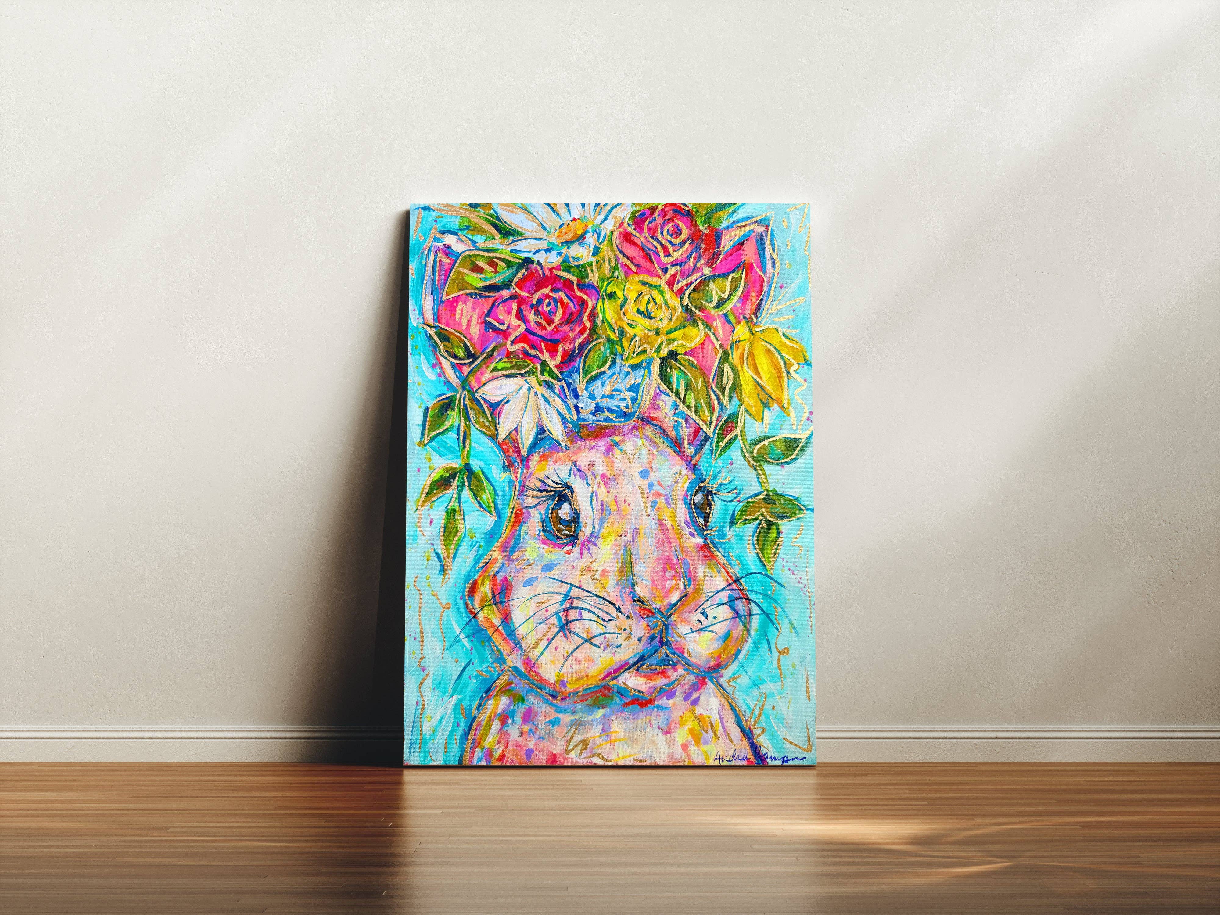 Audra Style - Wholesale Art Print - Marie Bunny Canvas Print - Floral Rabbit Art Painting Easter Decor1