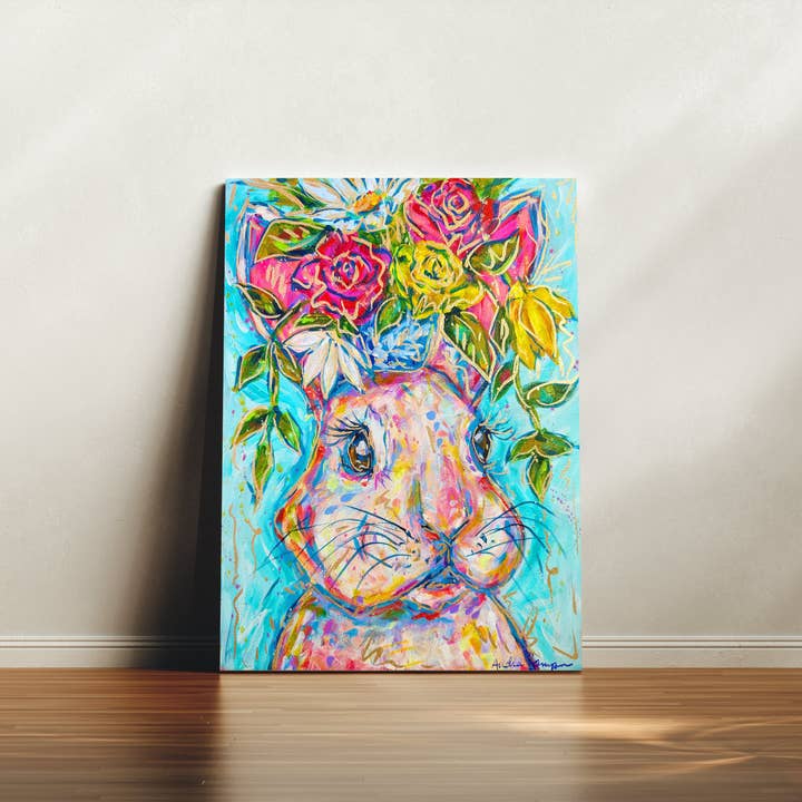 Audra Style - Wholesale Art Print - Marie Bunny Canvas Print - Floral Rabbit Art Painting Easter Decor1